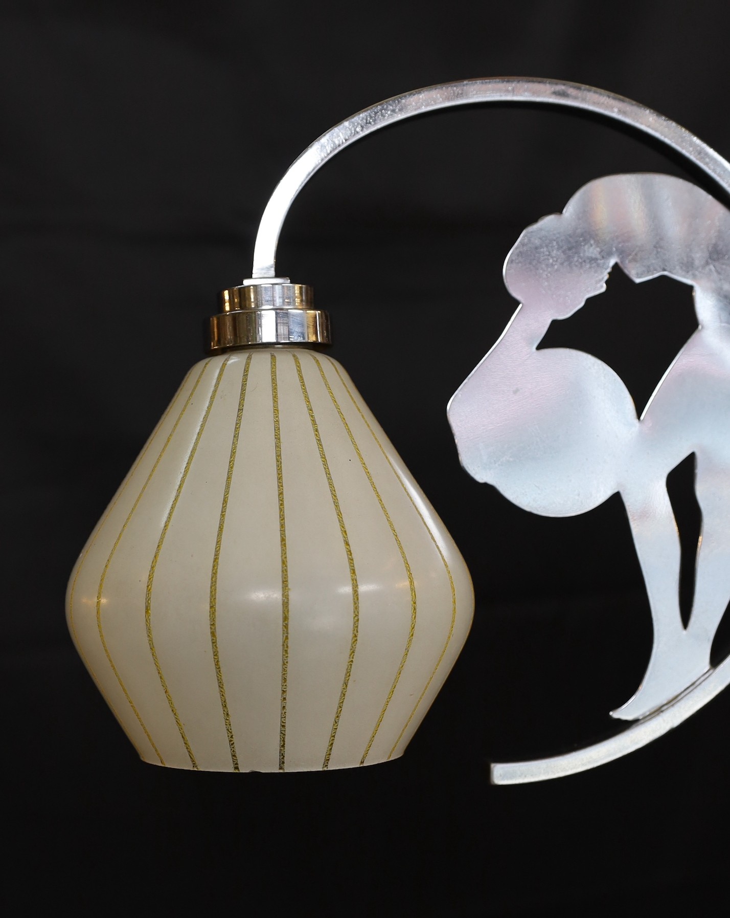 An 1950s English nickel plated twin branch light fitting with opaque glass shades, height 35cm. width 60cm